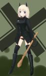  1girl animal_ears black_legwear black_panties blonde_hair blue_eyes boots cat_ears cat_tail gloves green_background heinrike_prinzessin_zu_sayn-wittgenstein_(cosplay) helma_lennartz high_heel_boots high_heels long_hair military military_uniform panties panzerfaust patterned_background rasielcochma solo strike_witches tail thigh-highs underwear uniform 