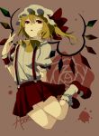  1girl alternate_costume ascot blonde_hair brown_background crystal flandre_scarlet flower full_body gensou_aporo hat hat_ribbon jumping looking_at_viewer mary_janes miniskirt mob_cap open_mouth puffy_sleeves red_eyes ribbon rose shirt shoes short_hair short_sleeves side_ponytail signature skirt socks solo touhou white_legwear wings wrist_cuffs 