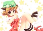  1girl :3 animal_ears bow brown_eyes brown_hair cat_ears cat_tail chen closed_mouth commentary_request green_hat mob_cap multiple_tails panties pantyshot pila-pela short_hair short_sleeves solo tail touhou two_tails underwear white_bow white_panties 