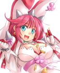  1girl :d blue_eyes breasts bullet cleavage elphelt_valentine gloves guilty_gear guilty_gear_xrd hat kitayama_miuki open_mouth pink_hair simple_background smile solo upper_body white_background 