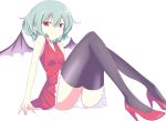  1girl alternate_costume aqua_hair bare_shoulders bat_wings black_legwear hifumiyo high_heels no_hat panties pantyshot pantyshot_(sitting) red_eyes remilia_scarlet short_hair simple_background sitting sleeveless smile solo thigh-highs touhou underwear white_background white_panties wings 