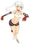  1girl collarbone dated full_body grin looking_at_viewer mechanical_arms midriff navel original ponytail sigama simple_background smile solo twitter_username white_background white_hair yellow_eyes 