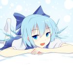  1girl :d aqua_hair blue_eyes blush bow chin_rest cirno hair_bow hifumiyo ice ice_wings kneehighs leg_up lying on_stomach open_mouth puffy_short_sleeves puffy_sleeves short_hair short_sleeves smile solo touhou white_legwear wings 