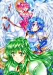  3girls armor armored_dress blue_eyes blue_hair breastplate est fire_emblem fire_emblem:_mystery_of_the_emblem green_eyes green_hair headband highres horse katua looking_at_viewer minerva_(fire_emblem) multiple_girls open_mouth paola pegasus pegasus_knight pink_eyes pink_hair sheeda smile tamiya_akito wings 