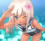  1girl blue_eyes covered_navel crop_top dakunesu flower hair_flower hair_ornament highres kantai_collection lavender_hair long_hair looking_at_viewer one-piece_tan one_eye_closed open_mouth ro-500_(kantai_collection) sailor_collar school_swimsuit solo sparkle swimsuit swimsuit_under_clothes tan tanline thigh_gap 