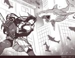  1girl artist_name bridal_gauntlets chainsaw collar garters kantai_collection ko-on_(ningen_zoo) long_hair monochrome nagato_(kantai_collection) shark sharknado skirt thigh-highs 