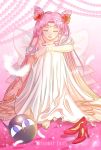  bare_shoulders barefoot bead_bracelet beads bishoujo_senshi_sailor_moon blurry bracelet chibi_usa closed_eyes depth_of_field double_bun dress earrings facial_mark feathers flower forehead_mark hair_flower hair_ornament high_heels highres jewelry koya lens_flare long_hair luna-p necklace older pink_hair shoes_removed sitting small_lady_serenity very_long_hair white_dress 