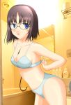  1girl bare_shoulders black_hair blue_eyes blush bra breasts cleavage fate/prototype fate/stay_night fate_(series) glasses highres midriff navel open_mouth panties sajou_ayaka short_hair t28 underwear 