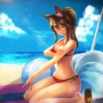  1girl ahri animal_ears ball beachball bikini breasts brown_eyes brown_hair cleavage facial_mark fox_ears fox_tail large_breasts league_of_legends long_hair looking_at_viewer mizoreame navel one_eye_closed side-tie_bikini sitting smile solo swimsuit tail umbrella wariza 