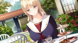  1girl blonde_hair blue_eyes game_cg ichikawa_saasha jounoin_kaho neyuki_no_gen&#039;ei smile sweets tea 