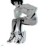  1boy character_request high_heels male_focus mizuhara_aki monochrome saint_seiya shirtless simple_background sitting solo thigh-highs white_background 