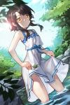  1girl artist_request black_hair dress dress_lift dutch_angle lens_flare looking_at_viewer mole outdoors short_hair_with_long_locks sita_vilosa small_breasts solo sundress sunlight sword_girls wading white_dress yellow_eyes 