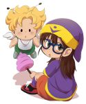  2girls antennae baby blonde_hair blush brown_eyes dagashi_(daga2626) dr._slump glasses hat highres long_hair multiple_girls norimaki_arale norimaki_gajira poop_on_a_stick shoes short_hair simple_background sitting sneakers solo white_background wings 