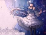  1girl bare_shoulders blue blue_hair boots floating_hair frills hatsune_miku looking_at_viewer mebaru skirt smile solo twintails upskirt vocaloid 