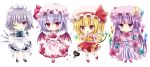  4girls apron ascot bat_wings blonde_hair bow chibi crescent_hair_ornament flandre_scarlet hair_ornament hat hat_bow izayoi_sakuya knife laevatein lavender_hair maid_apron maid_headdress mob_cap multiple_girls one_eye_closed patchouli_knowledge philosopher&#039;s_stone purple_hair red_eyes remilia_scarlet sash side_ponytail silver_hair touhou violet_eyes white_background wings 