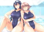  2girls alternate_costume back-to-back bare_legs bifidus black_eyes black_hair breast_hold breasts brown_hair cleavage competition_swimsuit green_eyes hair_between_eyes kantai_collection large_breasts long_hair looking_at_viewer multiple_girls mutsu_(kantai_collection) nagato_(kantai_collection) one-piece_swimsuit parted_lips red_eyes short_hair sitting solo swimsuit yokozuwari 