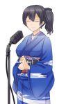  1girl alternate_costume black_hair breasts clenched_hands closed_eyes cowboy_shot frown highres japanese_clothes kaga_(kantai_collection) kantai_collection kimono koorogi_(misstext) large_breasts microphone_stand obi sash short_hair side_ponytail simple_background singing solo white_background 