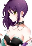  1girl bare_shoulders blush breasts cleavage collar heart heart_necklace open_mouth pripara purple_hair side_ponytail simple_background spiked_collar spikes strapless toudou_shion upper_body white_background yellow_eyes zipper 