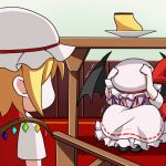  2girls animated animated_gif asymmetrical_wings bat_wings blonde_hair closed_eyes cowering dress fang flandre_scarlet indoors lavender_hair lowres mizinkoex mob_cap multiple_girls open_mouth pink_dress red_dress red_eyes remilia_scarlet short_hair side_ponytail touhou trembling ugoira under_table uu~ wings 