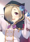  1girl bags_under_eyes blonde_hair blue_rose blush buttons chromatic_aberration cloak earrings flower granblue_fantasy hair_over_one_eye hood hooded_cloak idolmaster idolmaster_cinderella_girls jewelry long_sleeves red_eyes rose shirasaka_koume short_hair skull sleeves_past_wrists torn_clothes umihotaru_harumare 