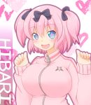  +_+ 1girl blue_eyes blush bow breasts hair_bow hibari_(senran_kagura) highres kasumisometsuki large_breasts looking_at_viewer open_mouth pink_hair senran_kagura senran_kagura_(series) short_hair short_twintails smile solo symbol-shaped_pupils track_jacket twintails 