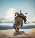  1girl artist_request asymmetrical_legwear black_hair black_legwear blazer closed_eyes clouds dated hair_blowing hair_ornament hatsushimo_(kantai_collection) headband kantai_collection long_hair low-tied_long_hair machinery ocean open_mouth pleated_skirt remodel_(kantai_collection) school_uniform serafuku skirt sky smile solo standing turret twitter_username 