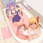  2girls bare_shoulders bathtub blush bow covered_navel fang flandre_scarlet hair_bow highres inari_(kimitama0902yahoocojp) looking_at_viewer multicolored_wings multiple_girls old_school_swimsuit one-piece_swimsuit open_mouth partially_submerged pointy_ears remilia_scarlet rubber_duck school_swimsuit shared_bathing short_hair siblings sisters smile sweat swimsuit touhou white_school_swimsuit white_swimsuit wings 