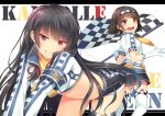  2girls :d :q bangs black_hair brown_eyes brown_hair checkered checkered_flag gloves hairband horosuke_(toot08) isokaze_(kantai_collection) kantai_collection licking_lips long_hair multiple_girls naughty_face open_mouth racequeen red_eyes short_hair simple_background skirt smile tanikaze_(kantai_collection) thigh-highs tongue tongue_out white_background 