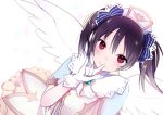  1girl \m/ angel_wings black_hair blush bow dress gloves hair_bow hat long_hair looking_at_viewer love_live!_school_idol_project lp_(hamasa00) red_eyes skirt smile solo twintails white_gloves wings yazawa_nico 