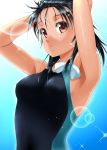  1girl arms_up black_hair brown_eyes competition_swimsuit highres long_hair one-piece_swimsuit original sumeragi_tomo swimsuit 