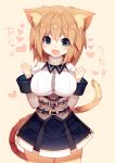  1girl animal_ears blue_eyes blush breasts cat_ears cat_tail highres large_breasts looking_at_viewer mamuru open_mouth original short_hair skirt smile solo tail thigh-highs 