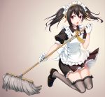  1girl black_hair gloves love_live!_school_idol_project maid mop open_mouth red_eyes short_hair solo tannoi_(nyino) thigh-highs twintails yazawa_nico 