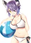  1girl adjusting_clothes adjusting_swimsuit ball bare_shoulders beachball bikini breasts cleavage collarbone cowboy_shot eyepatch grin haguda_tofu_(hakudatofu) headgear highres kantai_collection large_breasts navel purple_hair short_hair simple_background smile solo swimsuit tenryuu_(kantai_collection) wet white_background white_bikini white_swimsuit yellow_eyes 