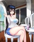 1girl black_eyes black_hair blush breasts cellphone chair crossed_legs dated grimgrim large_breasts long_hair looking_at_viewer open_mouth original phone signature smile solo table 