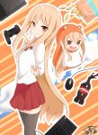  :d absurdres black_legwear blonde_hair brown_eyes cola computer_keyboard computer_mouse controller doma_umaru double_v dual_persona game_console hamster_costume highres himouto!_umaru-chan kyoo-kyon_(kyo-kyon) long_hair looking_at_viewer open_mouth playstation_4 potato_chips skirt smile soda_bottle thigh-highs v zettai_ryouiki 