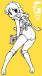  1girl 1zu3 ass boots copyright_name gun heart knee_boots layla_(character) layla_(game) leotard looking_back short_hair smile solo weapon yellow_background 