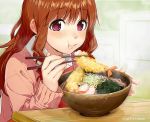  :t blush bowl chopsticks eating food highres kawai_makoto koufuku_graffiti machiko_ryou shrimp shrimp_tempura tempura 