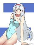  1girl brown_eyes headband highleg highleg_swimsuit highres kagemusha kantai_collection long_hair one-piece_swimsuit shoukaku_(kantai_collection) sitting swimsuit white_hair 