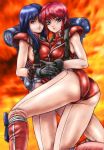  2girls black_gloves blue_eyes blue_hair boots elise_(layla) fiery_background fire gloves knee_boots layla_(character) layla_(game) leotard long_hair minakaya multiple_girls pantyhose red_boots redhead short_hair smile 