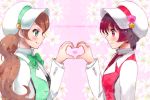  2girls aqua_eyes artist_name bowtie brown_hair copyright_name earrings floral_background flower hat heart heart_hands heart_hands_duo jewelry kokko lily_(flower) long_hair multiple_girls necktie pink_eyes redhead short_hair twintails yuri_kuma_arashi yurigasaki_lulu yurishiro_ginko 