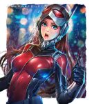  1girl ant-man artist_name blue_eyes breasts brown_eyes genderswap looking_at_viewer marvel nudtawut_thongmai open_mouth smile solo thumbs_up 