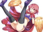  1girl ;d black_legwear blush bow breasts cape cheerleader cleavage crop_top e.o. legs looking_at_viewer okazaki_yumemi one_eye_closed open_mouth pom_poms red_eyes redhead shoes short_hair simple_background small_breasts smile solo thigh-highs touhou touhou_(pc-98) white_background 