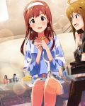  2girls :d ahoge brown_eyes brown_hair earrings grey_eyes hairband idolmaster idolmaster_million_live! jewelry long_hair multiple_girls narumi_nanami open_mouth smile star star_earrings tanaka_kotoha tokoro_megumi 