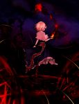  1girl absurdres alice_margatroid back blonde_hair boots capelet dark dress dyolf fire from_behind full_body hairband highres looking_back magic_circle profile puppet_strings ribbon sash short_hair solo touhou upskirt wrist_cuffs yellow_eyes 