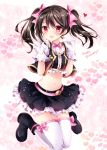  1girl \m/ black_hair bow double_\m/ gloves hair_bow happy_birthday love_live!_school_idol_project midriff nico_nico_nii no_brand_girls nogi_takayoshi open_mouth red_eyes short_hair skirt smile solo thigh-highs twintails yazawa_nico 