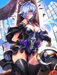  1girl absurdres animal bird black_legwear blue_eyes blue_hair blue_sky bound_wrists breasts cleavage clouds furyou_michi_~gang_road~ hair_over_one_eye highres hook_hand imp_(sksalfl132) large_breasts long_hair pirate_ship side_ponytail sky solo tears thigh-highs 