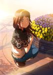  1girl blush brown_eyes brown_hair denim flower flower_bed hairband idolmaster idolmaster_million_live! jeans lens_flare long_hair looking_at_viewer narumi_nanami outdoors pants pavement phone running_bond smile solo squatting tanaka_kotoha 