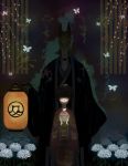  1boy 1girl black_hair butterfly enitan japanese_clothes kimono lantern looking_down original paper short_hair youkai 
