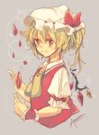  1girl ascot blonde_hair blush crystal flandre_scarlet gensou_aporo grey_background hat hat_ribbon looking_at_viewer mob_cap puffy_sleeves red_eyes ribbon shirt short_hair short_sleeves side_ponytail signature smile solo star touhou upper_body vest wings wrist_cuffs 