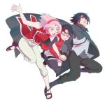  1boy 2girls black_hair family father_and_daughter forehead_protector glasses haruno_sakura husband_and_wife long_hair mother_and_daughter multiple_girls naruto pink_hair red-framed_glasses risuo short_hair smile uchiha_sarada uchiha_sasuke 